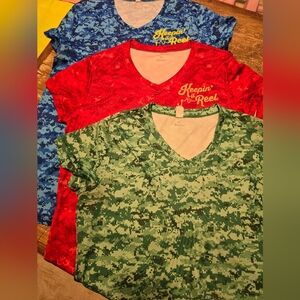 Women's Camo Polyester V-Neck Tees - Red, Green, Blue. Perfect for fishing!